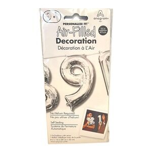 New Anagram Number "9" Silver 16" Foil Balloon W/ Straw No Helium Self Sealing